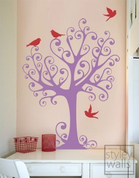 Ornamental Tree with Birds Vinyl Wall Decal, Medium size, Tree Wall Decal, Ornament Tree Wall Decal with Birds, Nursery Tree Wall Sticker