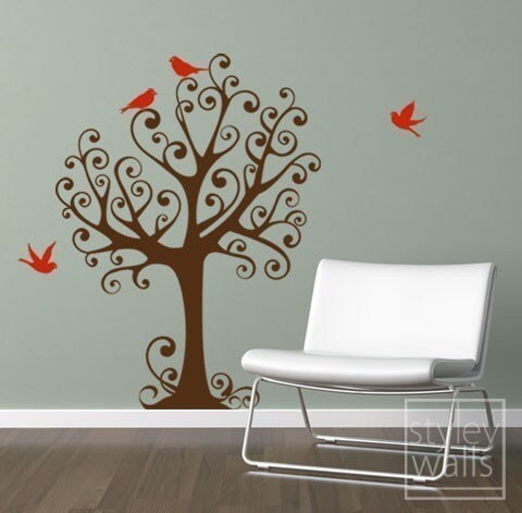 Ornamental Tree with Birds Vinyl Wall Decal, Medium size, Tree Wall Decal, Ornament Tree Wall Decal with Birds, Nursery Tree Wall Sticker