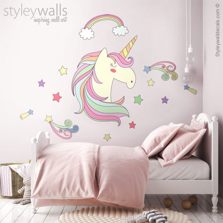 Unicorn Wall Decal, Rainbow Wall Decal, Stars Wall Decal, Unicorn Wall Sticker, Unicorn Girls Nursery Decor, Magical Unicorn Wall Decor