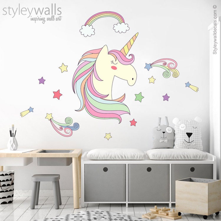 Unicorn Wall Decal, Rainbow Wall Decal, Stars Wall Decal, Unicorn Wall Sticker, Unicorn Girls Nursery Decor, Magical Unicorn Wall Decor