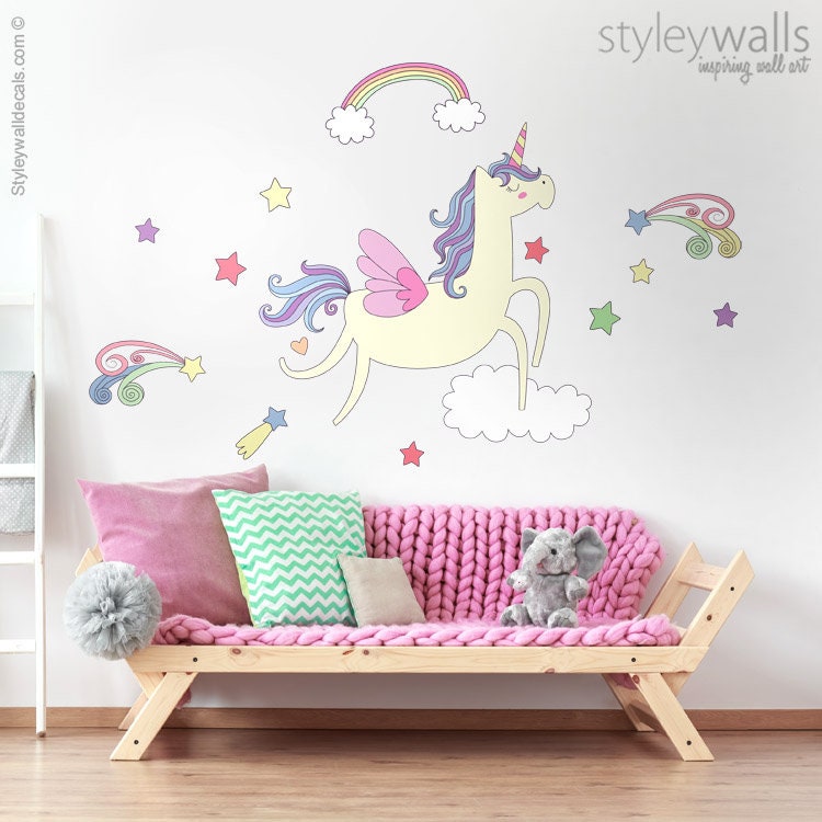 Unicorn Wall Decal, Unicorn Wall Sticker, Rainbow Clouds Wall Decal, Stars Wall Decal, Girls Nursery Decor ,Magical Unicorn Wall Decor