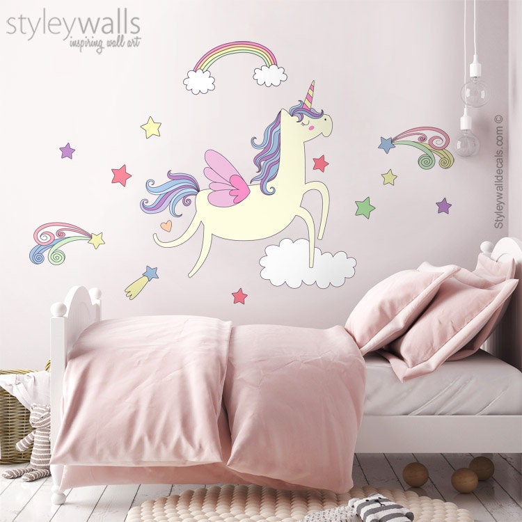 Unicorn Wall Decal, Unicorn Wall Sticker, Rainbow Clouds Wall Decal, Stars Wall Decal, Girls Nursery Decor ,Magical Unicorn Wall Decor