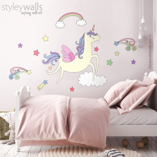 Unicorn Wall Decal, Unicorn Wall Sticker, Rainbow Clouds Wall Decal, Stars Wall Decal, Girls Nursery Decor ,Magical Unicorn Wall Decor