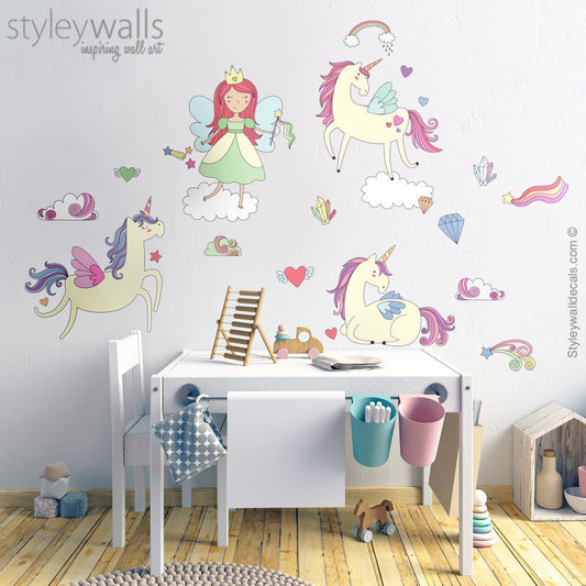 Unicorns Wall Decal, Fairy Wall Decal, Unicorn Wall Sticker, Rainbow Clouds Wall Decal, Stars Clouds Magical Wall Decal, Girls Nursery Decor