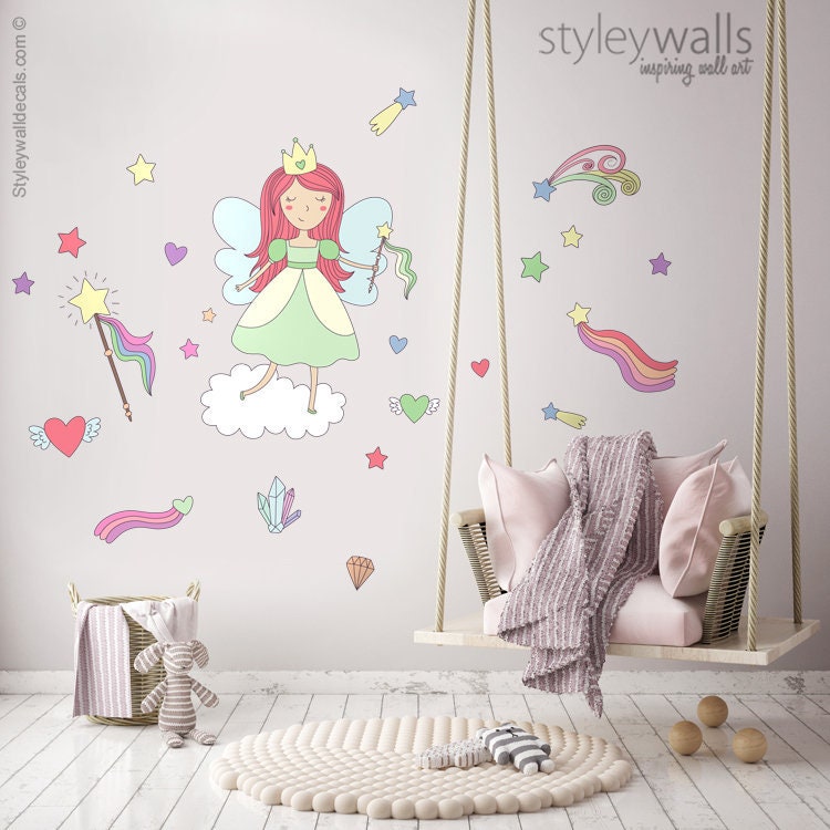 Fairy Wall Decal, Fairy Wall Sticker, Rainbow Clouds Wall Decal, Stars Wall Decal, Girls Nursery Decor, Magical Princess Wall Decor
