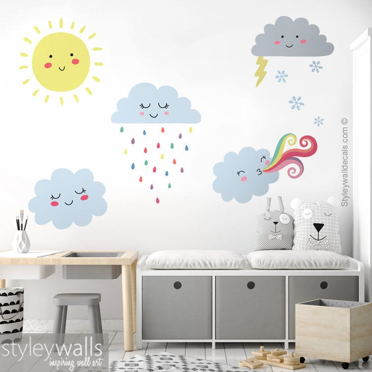 Clouds Wall Decal, Weather Wall Decal, Clouds Wall Sticker, Raindrops Wall Decal, Sun Wall Decal, Snow Flakes Wall Decal Nursery Decor
