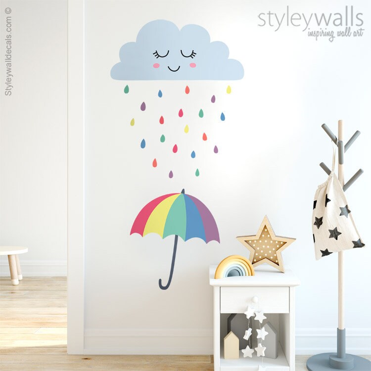 Cloud Wall Decal, Raindrops Wall Decal, Weather Wall Decal, Rain Drops Umbrella Decal, Smiley Cloud Wall Sticker, Clouds Nursery Wall Decor