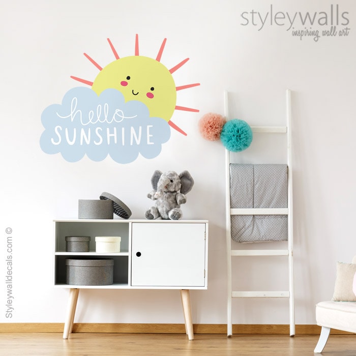 Sun Shine Wall Decal, Sun Wall Decal, Cloud Wall Decal, Hello Sunshine Wall Decal, Smiley Cloud Wall Sticker, Clouds Nursery Wall Decor