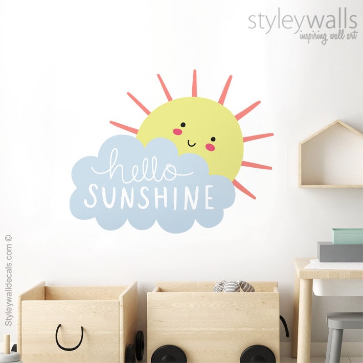 Sun Shine Wall Decal, Sun Wall Decal, Cloud Wall Decal, Hello Sunshine Wall Decal, Smiley Cloud Wall Sticker, Clouds Nursery Wall Decor