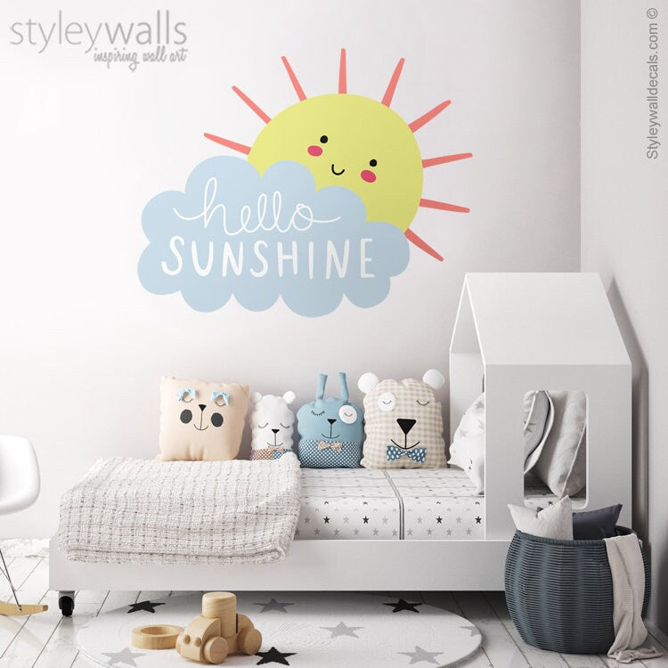 Sun Shine Wall Decal, Sun Wall Decal, Cloud Wall Decal, Hello Sunshine Wall Decal, Smiley Cloud Wall Sticker, Clouds Nursery Wall Decor