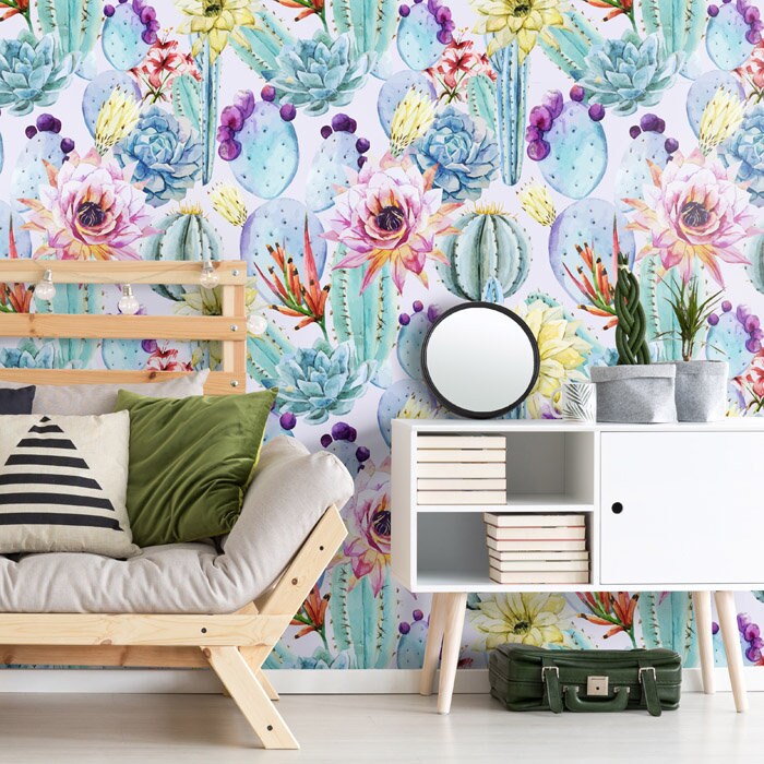 Cactus Wallpaper, Cactus Flowers Wallpaper, Floral Wall Covering, Repositionable Removable Fabric Wallpaper, Peel and Stick, Self Adhesive