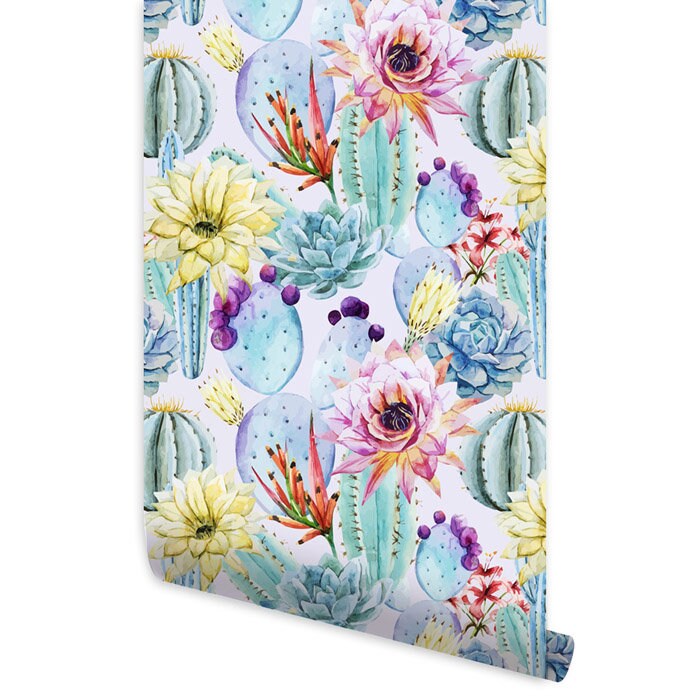 Cactus Wallpaper, Cactus Flowers Wallpaper, Floral Wall Covering, Repositionable Removable Fabric Wallpaper, Peel and Stick, Self Adhesive