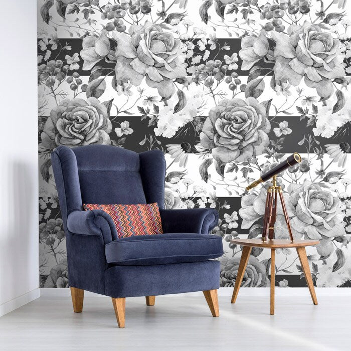 Flowers Wallpaper, Floral Wallpaper, Black and White Watercolor, Repositionable Removable Fabric Wallpaper, Peel and Stick, Self Adhesive