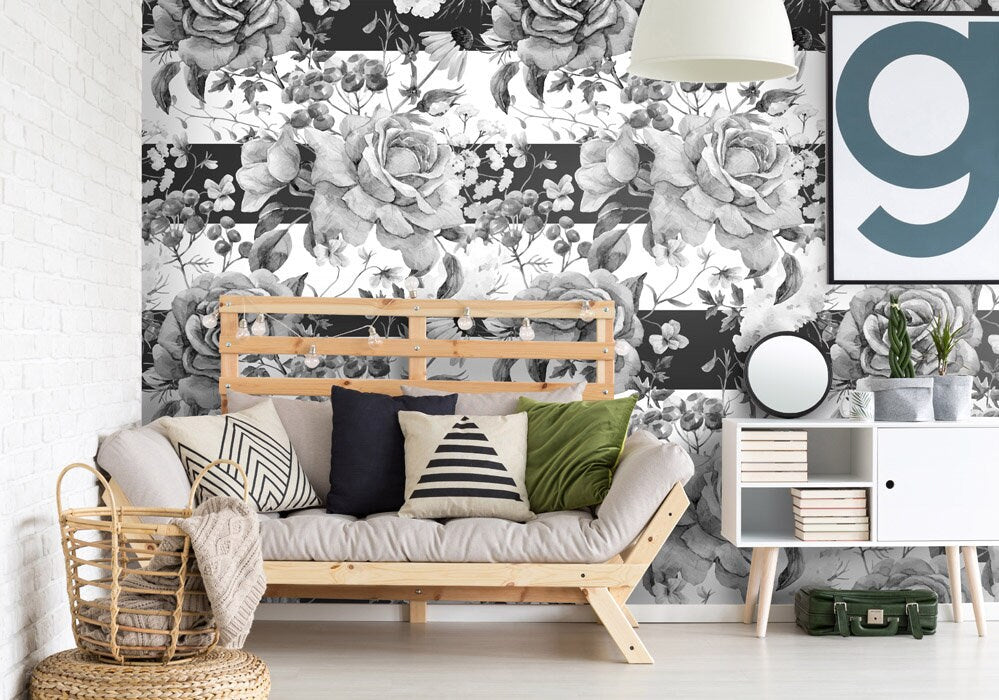 Flowers Wallpaper, Floral Wallpaper, Black and White Watercolor, Repositionable Removable Fabric Wallpaper, Peel and Stick, Self Adhesive