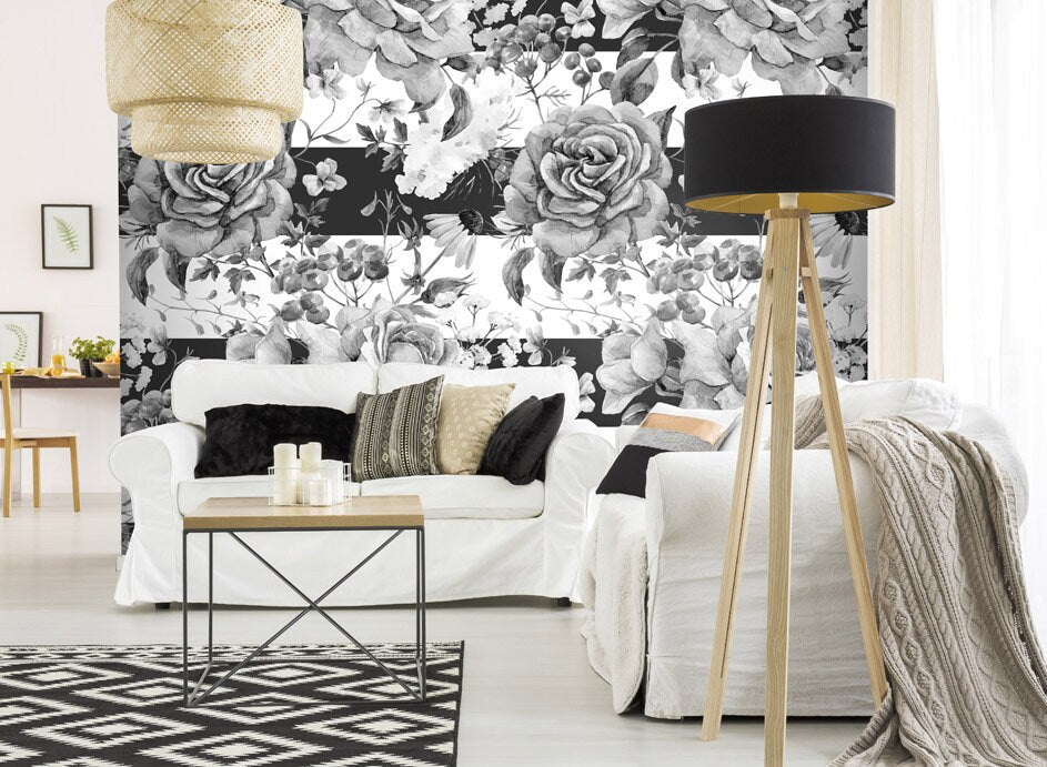 Flowers Wallpaper, Floral Wallpaper, Black and White Watercolor, Repositionable Removable Fabric Wallpaper, Peel and Stick, Self Adhesive