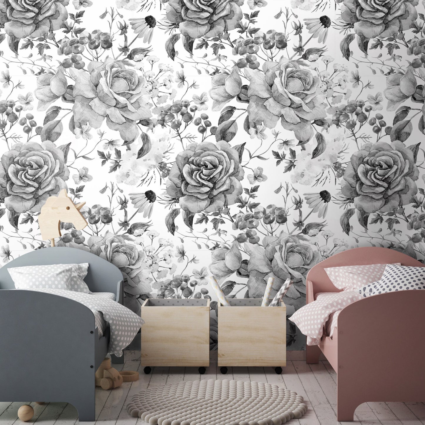 Papier peint à fleurs et roses, papier peint floral, aquarelle noir et blanc, papier peint en tissu repositionnable, peler et coller, auto-adhésif