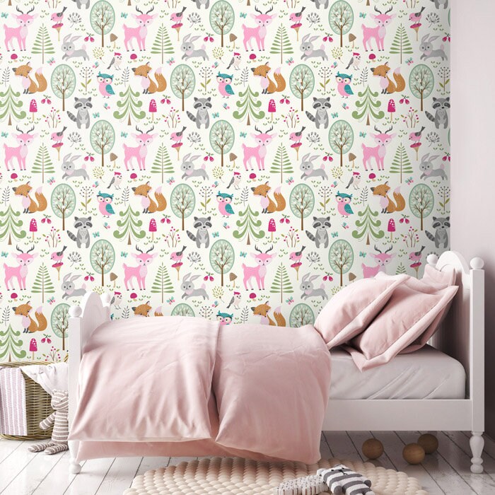 Papier peint animaux de la forêt, papier peint en tissu amovible et repositionnable avec animaux de la forêt rose, décoration de chambre de fille, décoller et coller, auto-adhésif