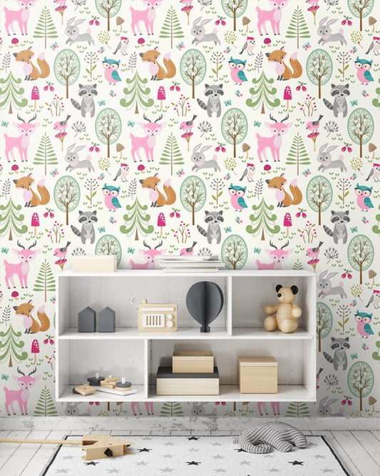 Woodland Animals Wallpaper, Pink Forest Animals Repositionable Removable Fabric Wallpaper, Girls Room Decor, Peel and Stick, Self Adhesive