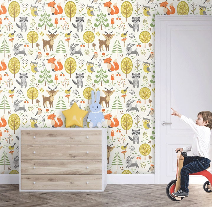 Woodland Animals Wallpaper, Forest Animals Repositionable Removable Fabric Wallpaper, Kids Room Decor, Peel and Stick, Self Adhesive