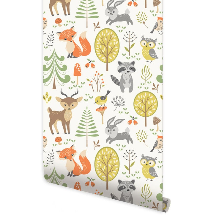 Woodland Animals Wallpaper, Forest Animals Repositionable Removable Fabric Wallpaper, Kids Room Decor, Peel and Stick, Self Adhesive