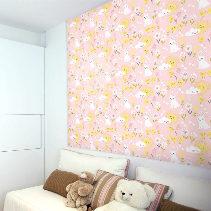Bunny Wallpaper, Girls Room Wallpaper, Nursery Decor, Repositionable Removable Fabric Wallpaper, Peel and Stick, Self Adhesive Wallpaper