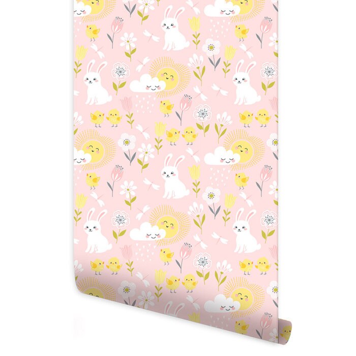 Bunny Wallpaper, Girls Room Wallpaper, Nursery Decor, Repositionable Removable Fabric Wallpaper, Peel and Stick, Self Adhesive Wallpaper