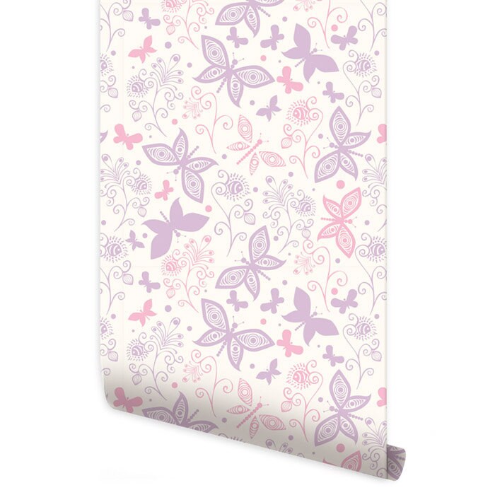 Butterflies Wallpaper, Pink Purple Butterflies Nursery Wall Decor, Repositionable Removable Fabric Wallpaper, Peel and Stick, Self Adhesive