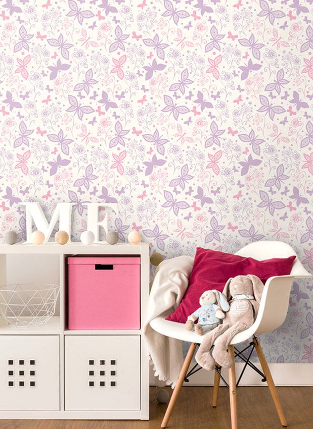 Butterflies Wallpaper, Pink Purple Butterflies Nursery Wall Decor, Repositionable Removable Fabric Wallpaper, Peel and Stick, Self Adhesive