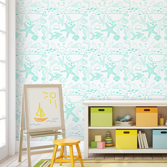Marine Underwater Wallpaper, Under the Sea Wallpaper, Sea Animals Repositionable Removable Fabric Wallpaper, Nursery Decor, Peel and Stick