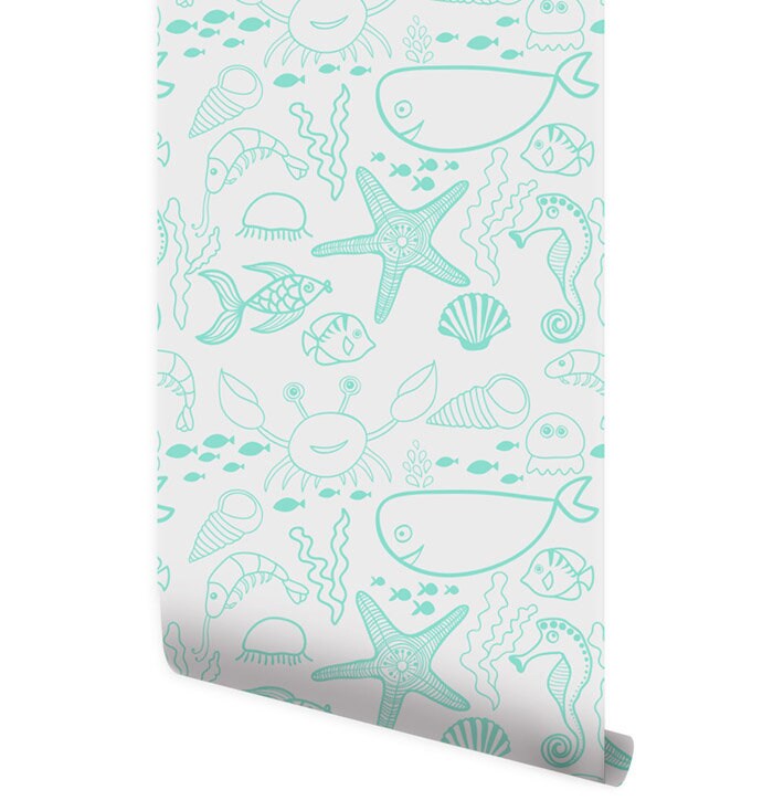 Marine Underwater Wallpaper, Under the Sea Wallpaper, Sea Animals Repositionable Removable Fabric Wallpaper, Nursery Decor, Peel and Stick