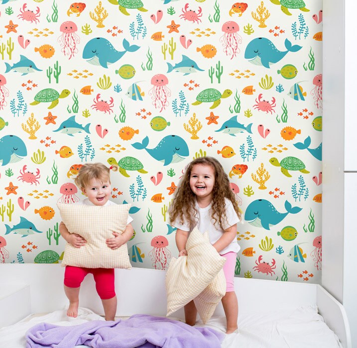 Underwater Wallpaper, Under the Sea Wallpaper, Sea Animals Repositionable Removable Fabric Peel and Stick Wallpaper, Nursery Decor