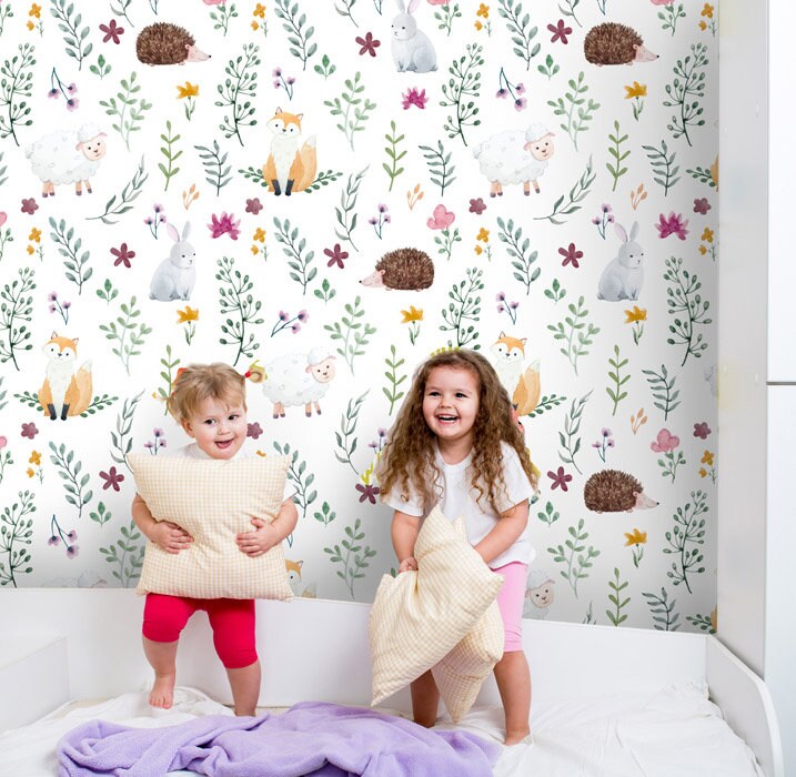 Forest Animals Wallpaper, Woodland Animals Repositionable Removable Fabric Wallpaper, Nursery Kids Room Decor, Peel and Stick, Self Adhesive