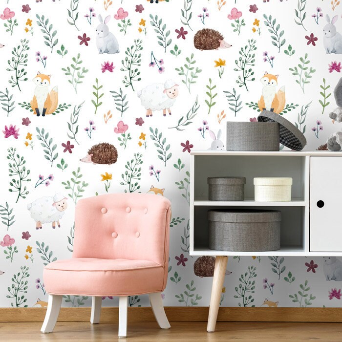 Forest Animals Wallpaper, Woodland Animals Repositionable Removable Fabric Wallpaper, Nursery Kids Room Decor, Peel and Stick, Self Adhesive