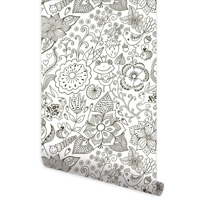 Floral Wallpaper, Garden Flowers Bugs Frog Wallpaper, Repositionable Removable Fabric, Kids Room Decor, Peel and Stick, Self Adhesive