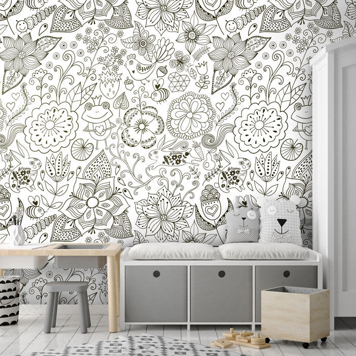 Floral Wallpaper, Garden Flowers Bugs Frog Wallpaper, Repositionable Removable Fabric, Kids Room Decor, Peel and Stick, Self Adhesive