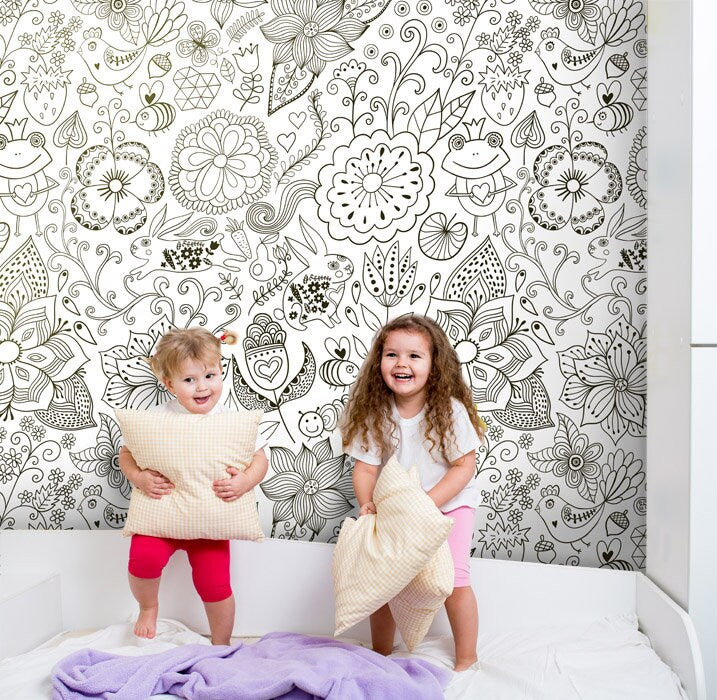 Floral Wallpaper, Garden Flowers Bugs Frog Wallpaper, Repositionable Removable Fabric, Kids Room Decor, Peel and Stick, Self Adhesive