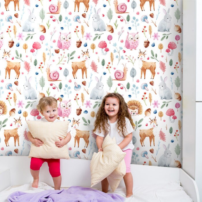 Papier peint animaux de la forêt, papier peint animaux des bois, décoration de chambre d'enfant, papier peint en tissu amovible repositionnable, peler et coller