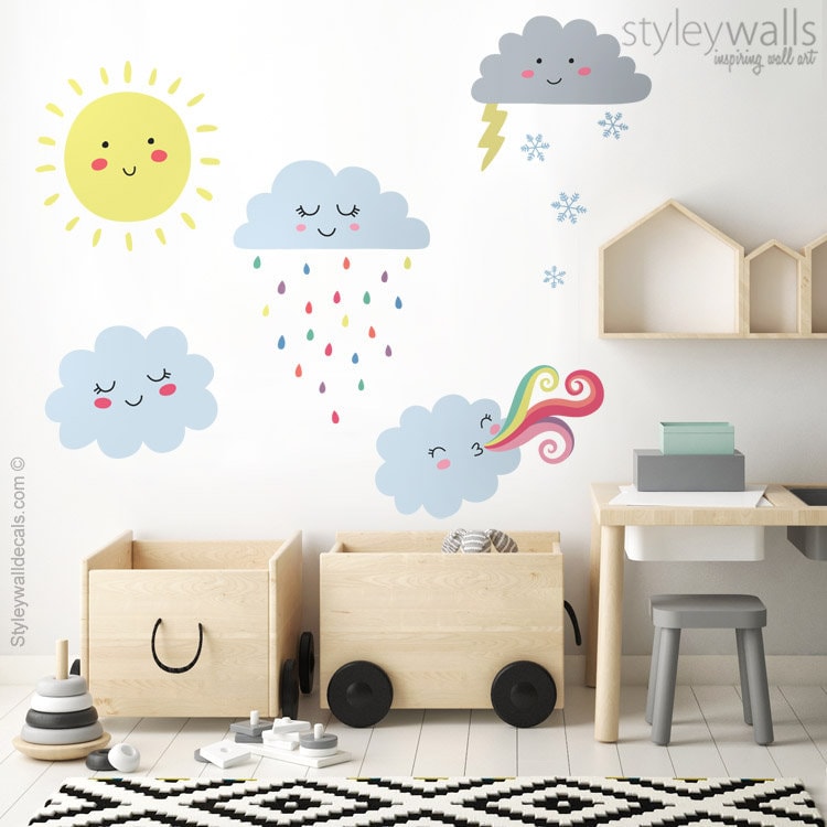 Clouds Wall Decal, Weather Wall Decal, Clouds Wall Sticker, Raindrops Wall Decal, Sun Wall Decal, Snow Flakes Wall Decal Nursery Decor