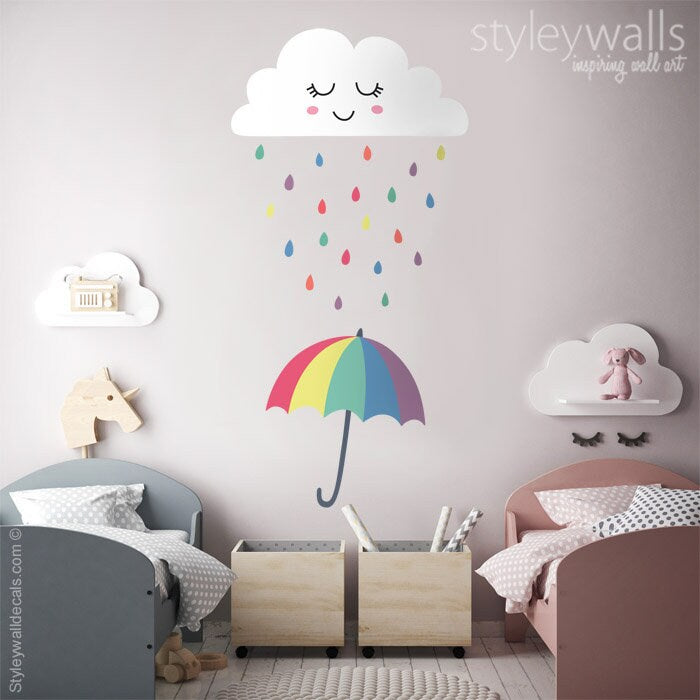 Cloud Wall Decal, Raindrops Wall Decal, Weather Wall Decal, Rain Drops Umbrella Decal, Smiley Cloud Wall Sticker, Clouds Nursery Wall Decor
