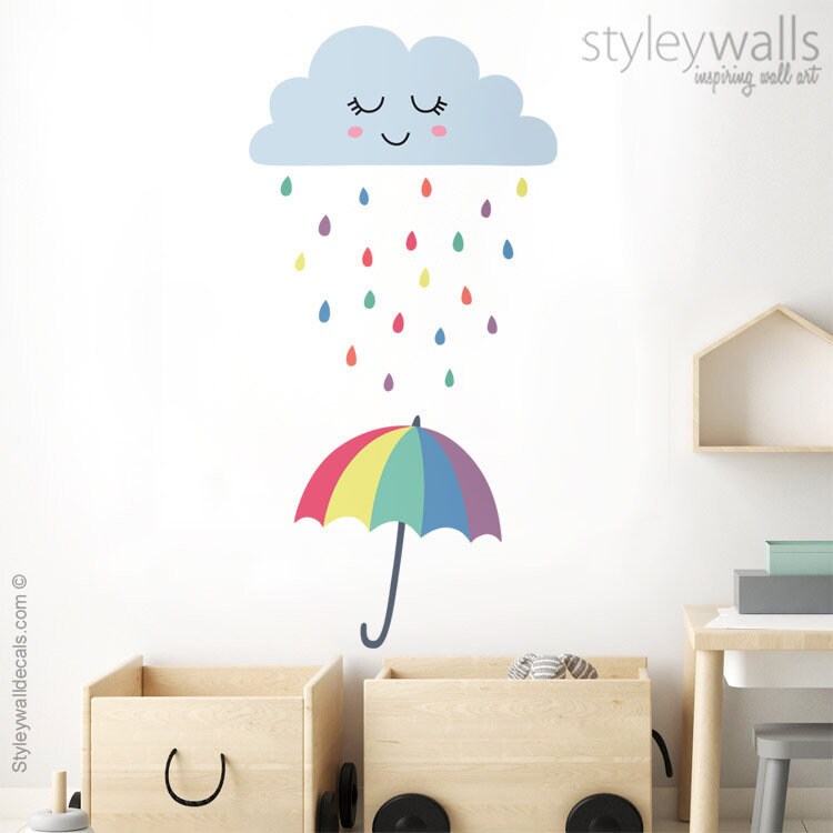 Cloud Wall Decal, Raindrops Wall Decal, Weather Wall Decal, Rain Drops Umbrella Decal, Smiley Cloud Wall Sticker, Clouds Nursery Wall Decor