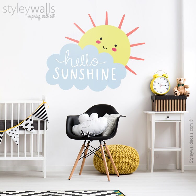Sun Shine Wall Decal, Sun Wall Decal, Cloud Wall Decal, Hello Sunshine Wall Decal, Smiley Cloud Wall Sticker, Clouds Nursery Wall Decor