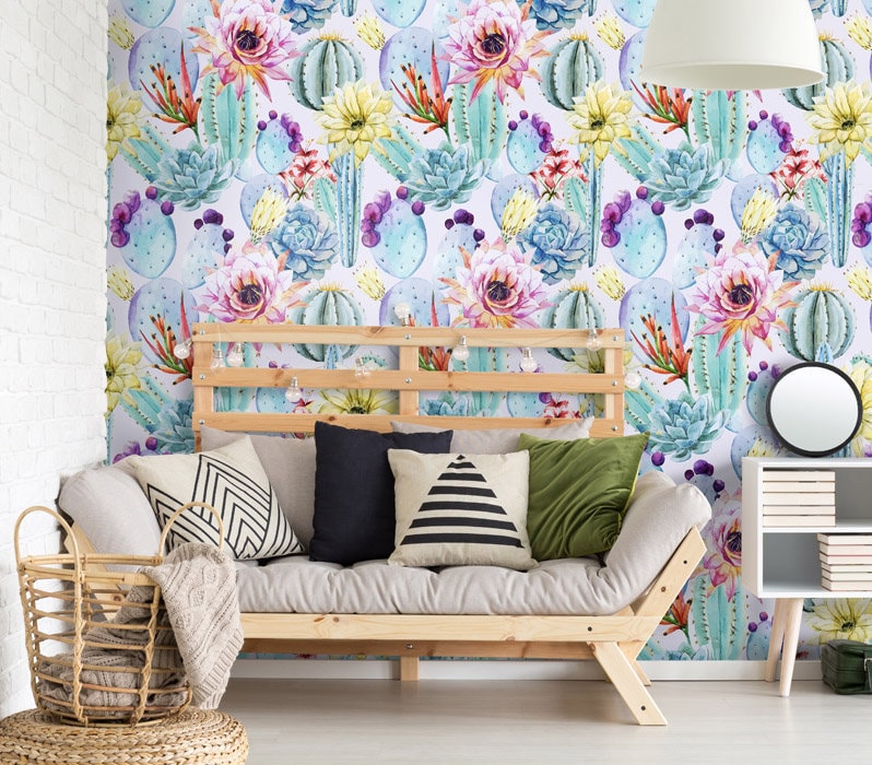 Cactus Wallpaper, Cactus Flowers Wallpaper, Floral Wall Covering, Repositionable Removable Fabric Wallpaper, Peel and Stick, Self Adhesive