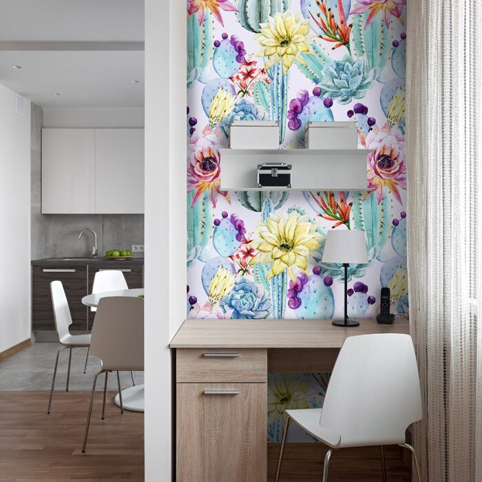 Cactus Wallpaper, Cactus Flowers Wallpaper, Floral Wall Covering, Repositionable Removable Fabric Wallpaper, Peel and Stick, Self Adhesive