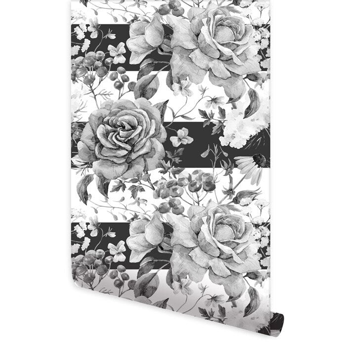 Flowers Wallpaper, Floral Wallpaper, Black and White Watercolor, Repositionable Removable Fabric Wallpaper, Peel and Stick, Self Adhesive