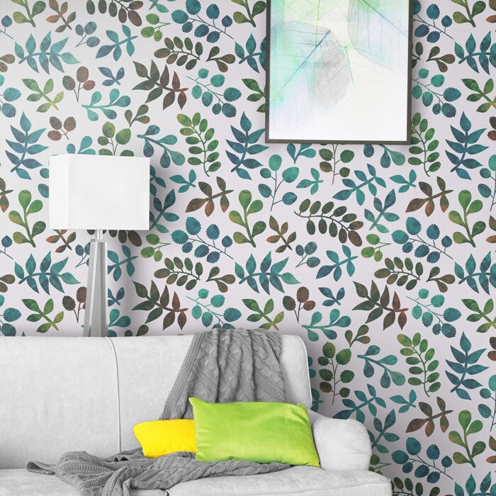 Watercolor Leaves Wallpaper, Leaf Pattern Watercolor Wallpaper, Repositionable Removable Fabric Wallpaper, Peel and Stick, Self Adhesive