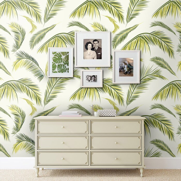 Palm Leaves Wallpaper, Tropical Botanical Leaf Pattern Wallpaper, Repositionable Removable Fabric Wallpaper, Peel and Stick, Self Adhesive