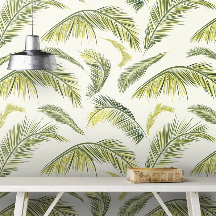 Palm Leaves Wallpaper, Tropical Botanical Leaf Pattern Wallpaper, Repositionable Removable Fabric Wallpaper, Peel and Stick, Self Adhesive