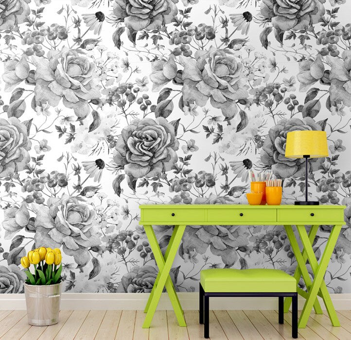 Papier peint à fleurs et roses, papier peint floral, aquarelle noir et blanc, papier peint en tissu repositionnable, peler et coller, auto-adhésif