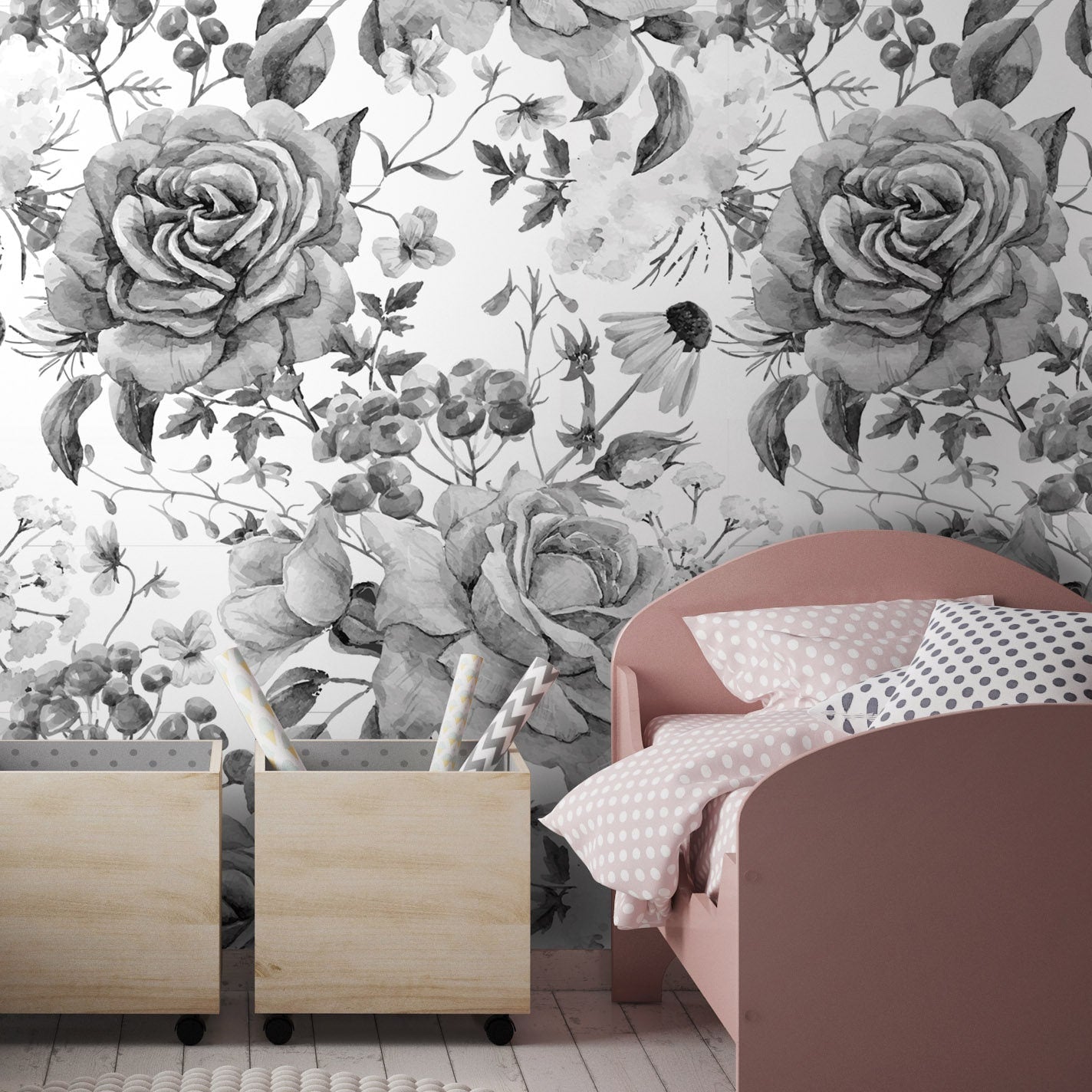 Papier peint à fleurs et roses, papier peint floral, aquarelle noir et blanc, papier peint en tissu repositionnable, peler et coller, auto-adhésif