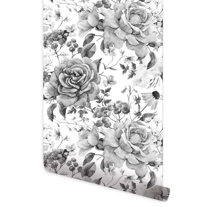 Papier peint à fleurs et roses, papier peint floral, aquarelle noir et blanc, papier peint en tissu repositionnable, peler et coller, auto-adhésif